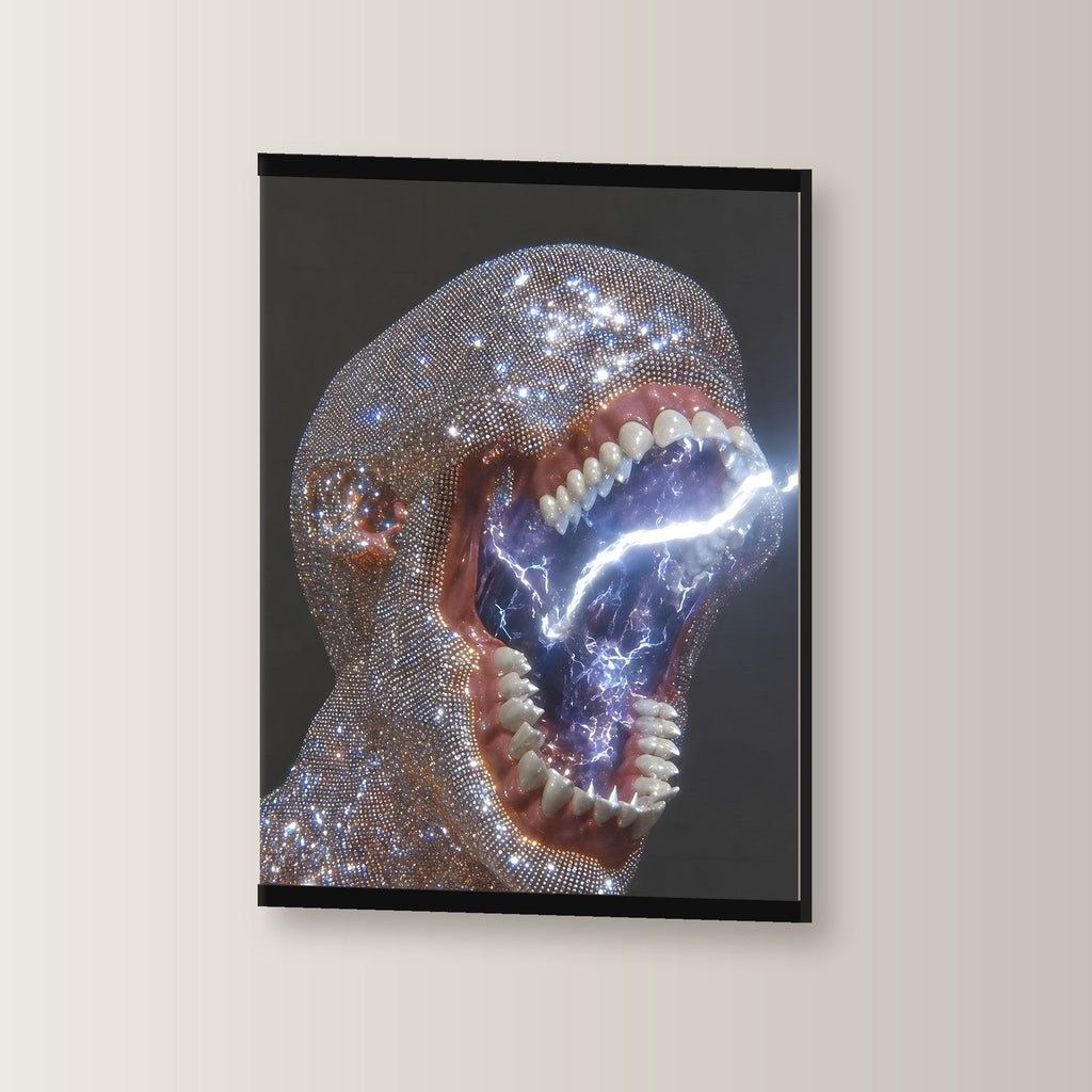 Kristallschrei als Poster mit schwarzer Holzleiste, leicht gedreht an der Wand fotografiert