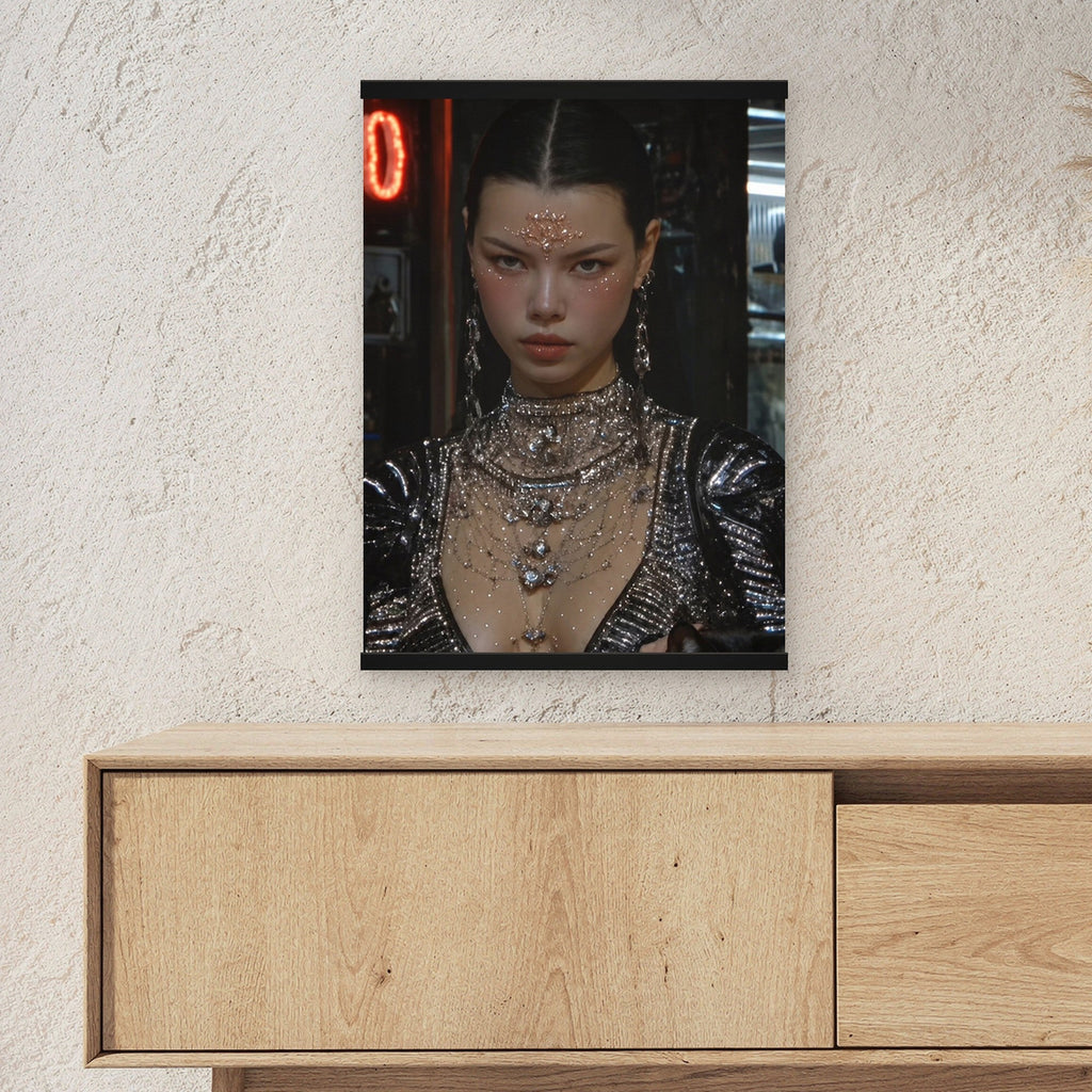 Die Katzenkönigin als Poster mit schwarzer Holzleiste ueber einem Sideboard, zeigt die Groesse im Raum