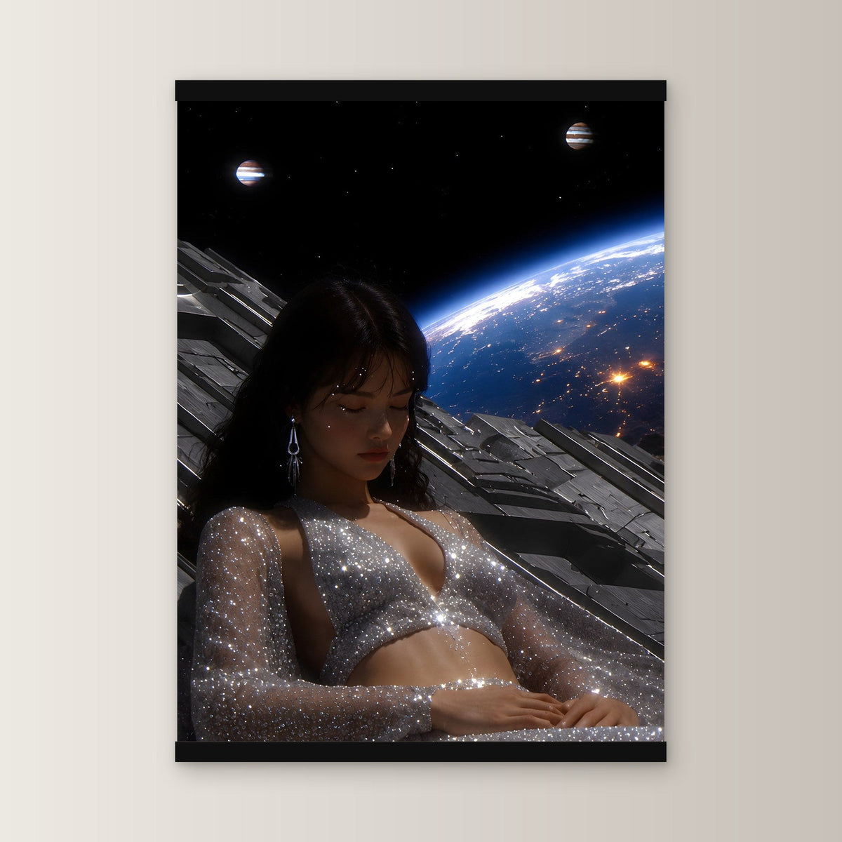 Kosmische Träumerin als Poster mit schwarzer Holzleiste, gerade von vorn an heller Wand