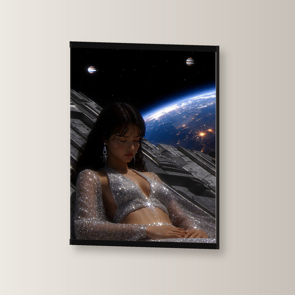 Kosmische Träumerin als Poster mit schwarzer Holzleiste, leicht gedreht an der Wand fotografiert
