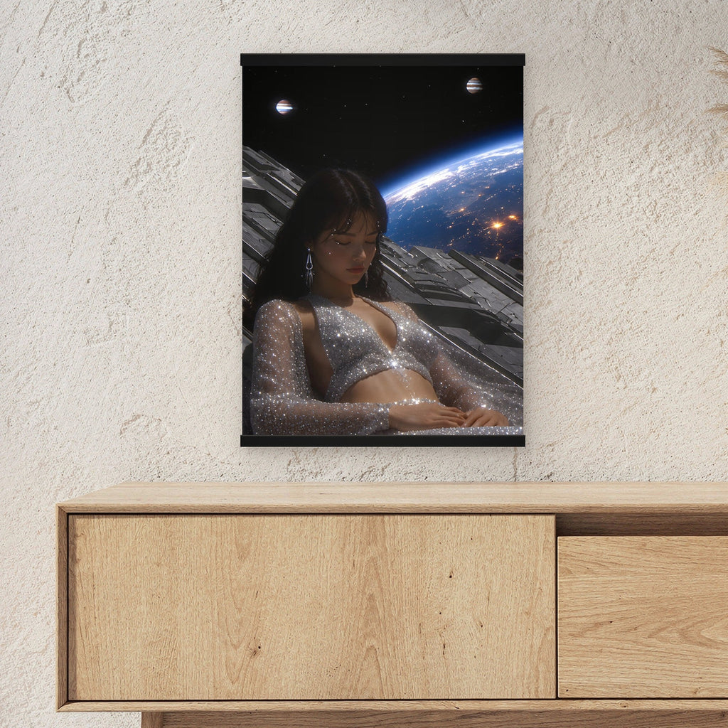 Kosmische Träumerin als Poster mit schwarzer Holzleiste ueber einem Sideboard, zeigt die Groesse im Raum