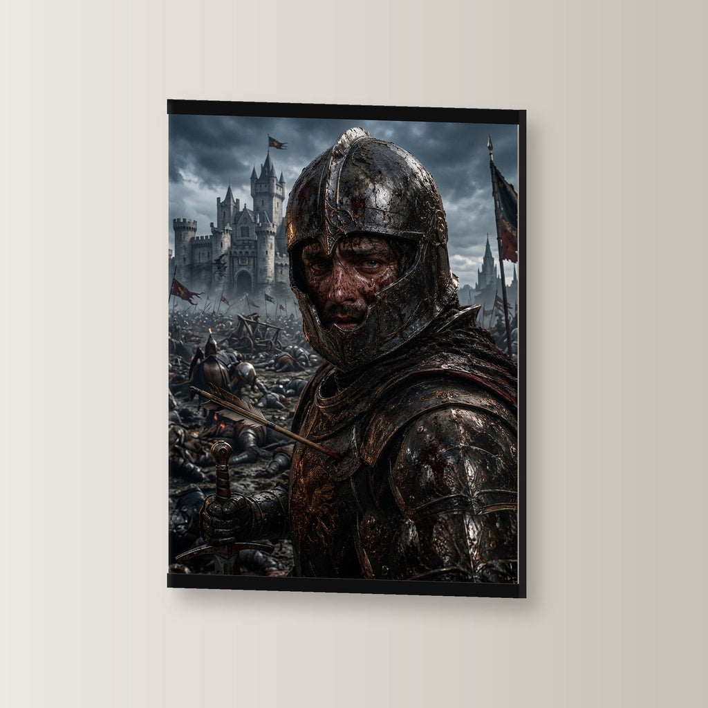 Der Krieger von Eisenfeld als Poster mit schwarzer Holzleiste, leicht gedreht an der Wand fotografiert