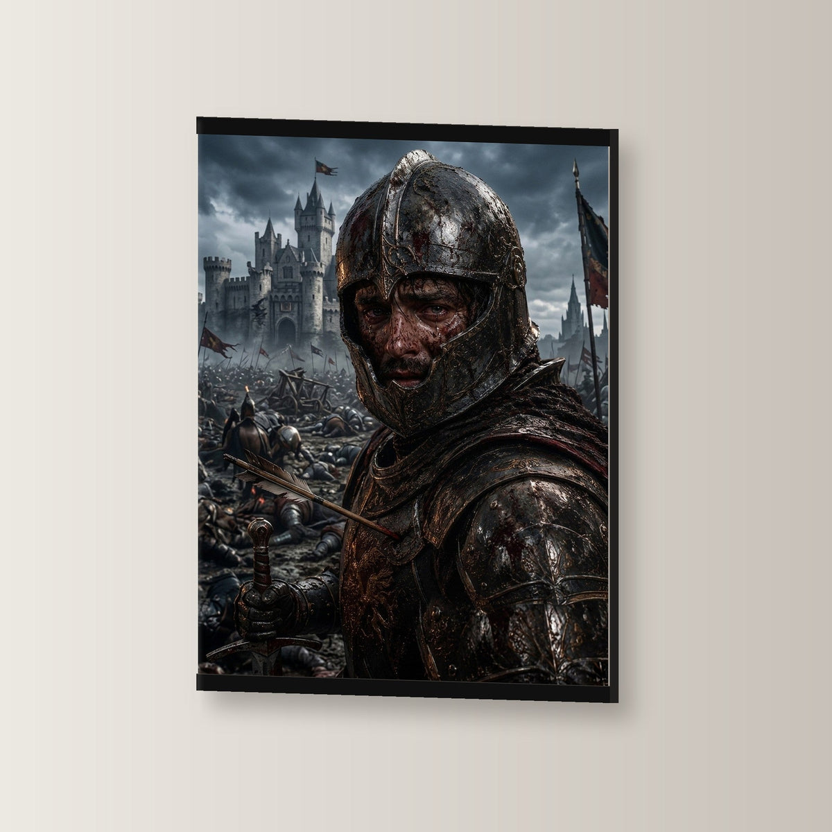 Der Krieger von Eisenfeld als Poster mit schwarzer Holzleiste, leicht gedreht an der Wand fotografiert