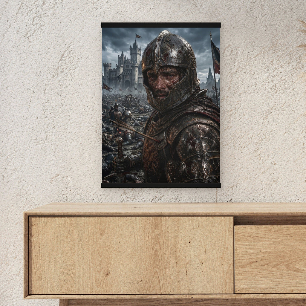 Der Krieger von Eisenfeld als Poster mit schwarzer Holzleiste ueber einem Sideboard, zeigt die Groesse im Raum