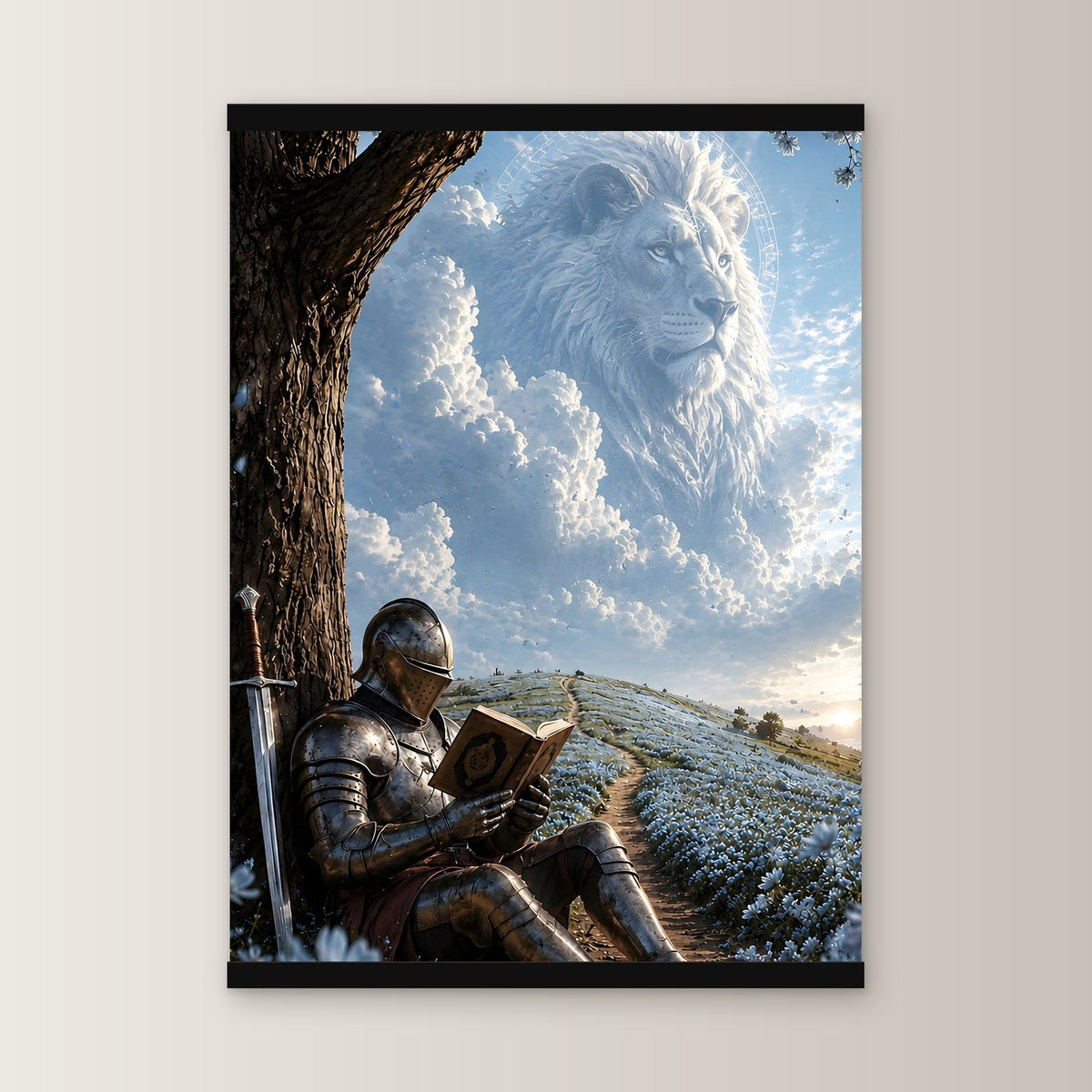 Der Löwe im Himmel als Poster mit schwarzer Holzleiste, gerade von vorn an heller Wand