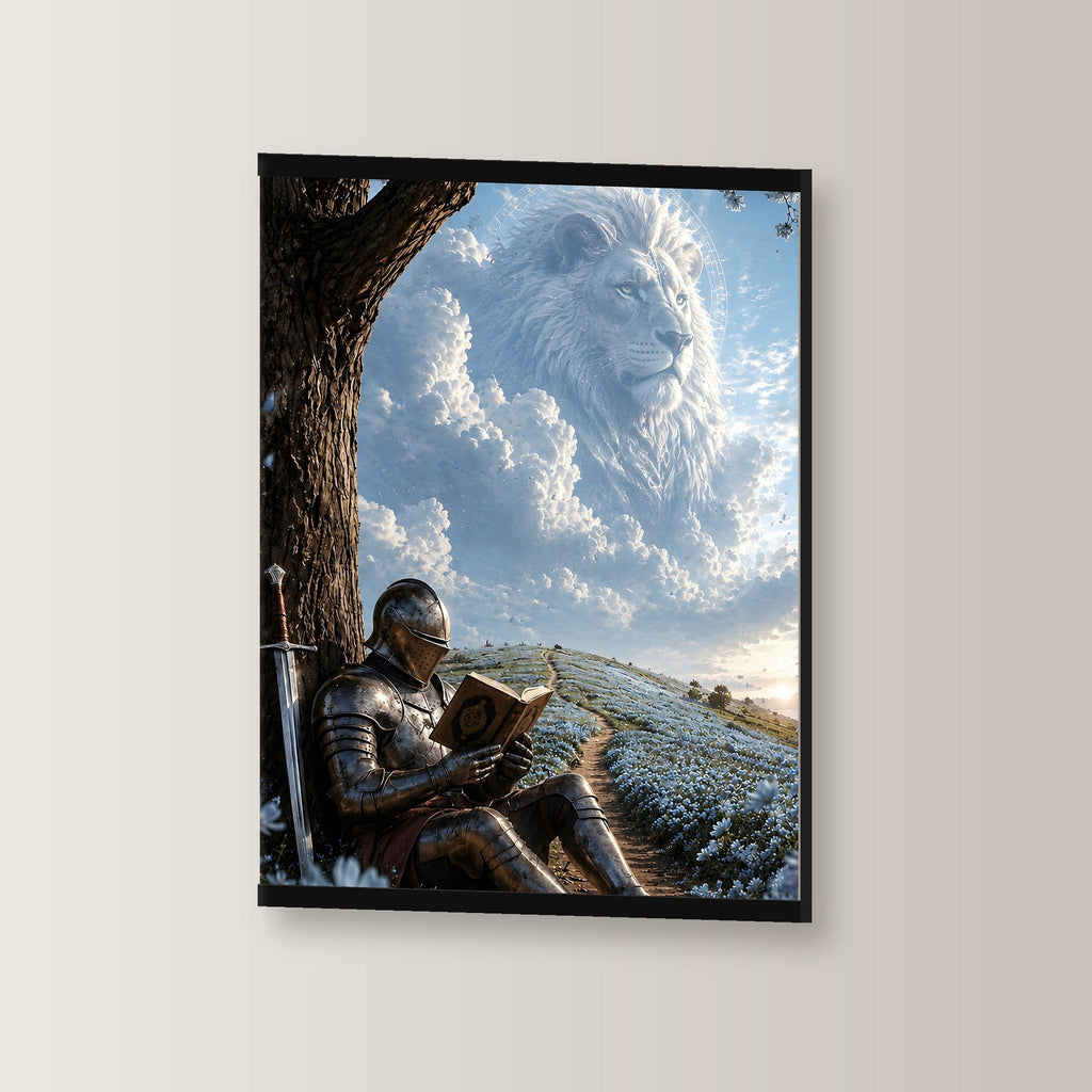 Der Löwe im Himmel als Poster mit schwarzer Holzleiste, leicht gedreht an der Wand fotografiert