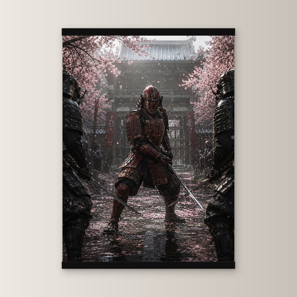 Der Letzte Samurai als Poster mit schwarzer Holzleiste, gerade von vorn an heller Wand