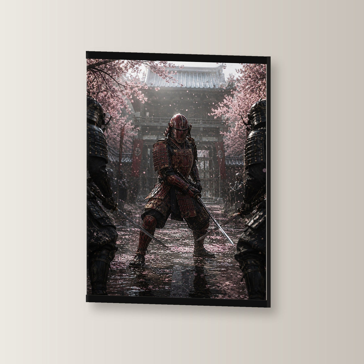 Der Letzte Samurai als Poster mit schwarzer Holzleiste, leicht gedreht an der Wand fotografiert