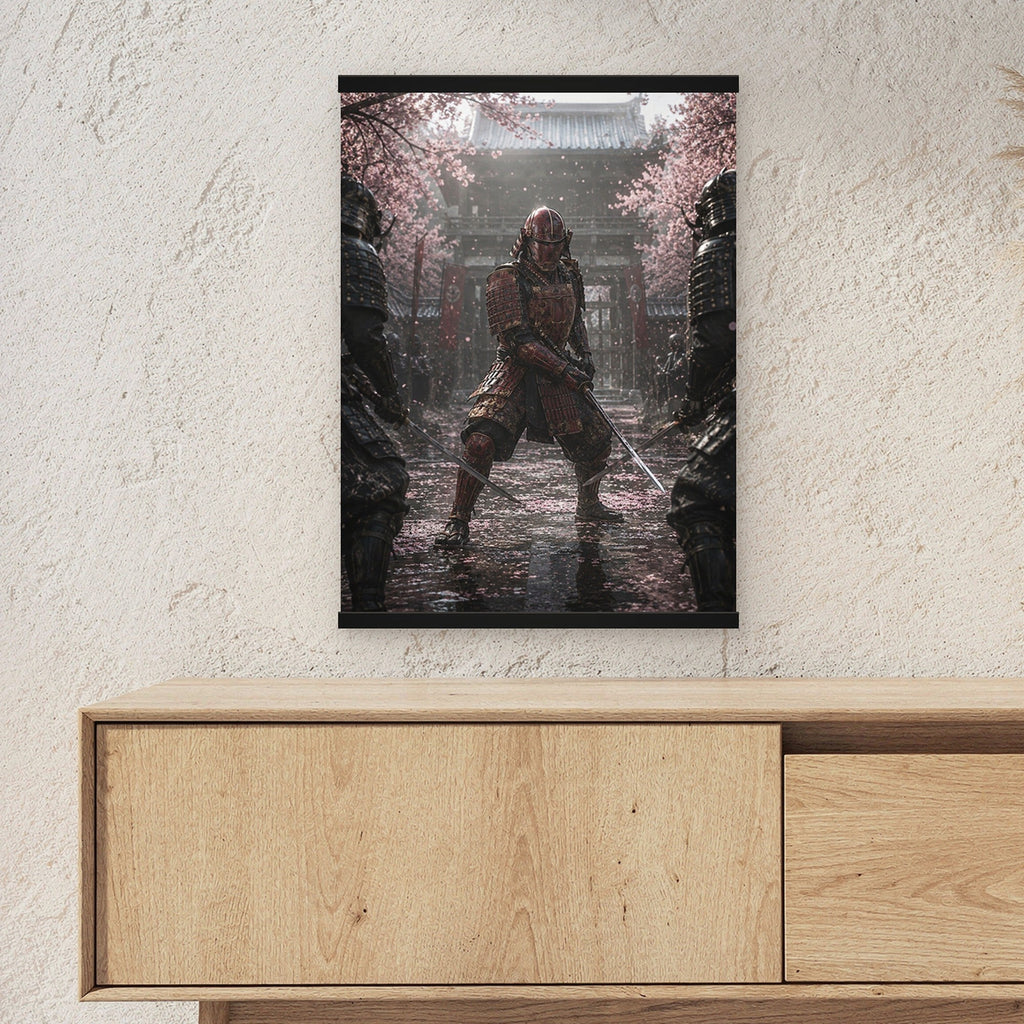 Der Letzte Samurai als Poster mit schwarzer Holzleiste ueber einem Sideboard, zeigt die Groesse im Raum