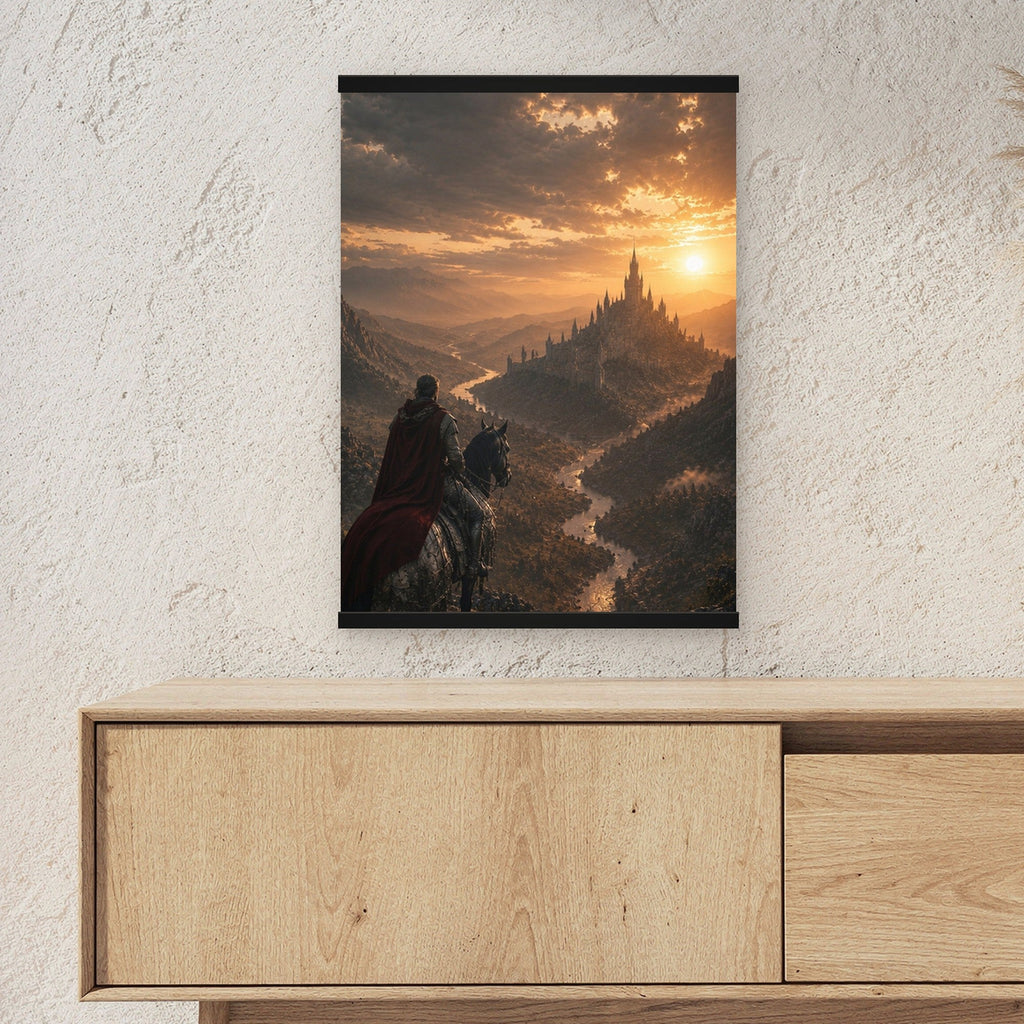 Der lange Weg heim als Poster mit schwarzer Holzleiste ueber einem Sideboard, zeigt die Groesse im Raum