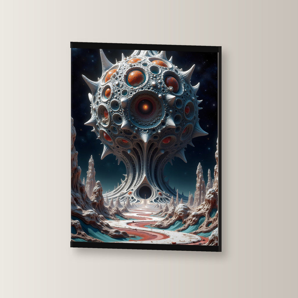 Der Monolith als Poster mit schwarzer Holzleiste, leicht gedreht an der Wand fotografiert