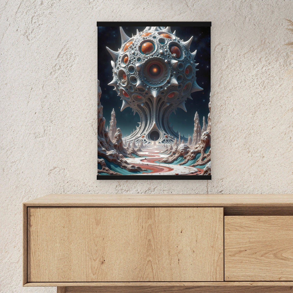 Der Monolith als Poster mit schwarzer Holzleiste ueber einem Sideboard, zeigt die Groesse im Raum