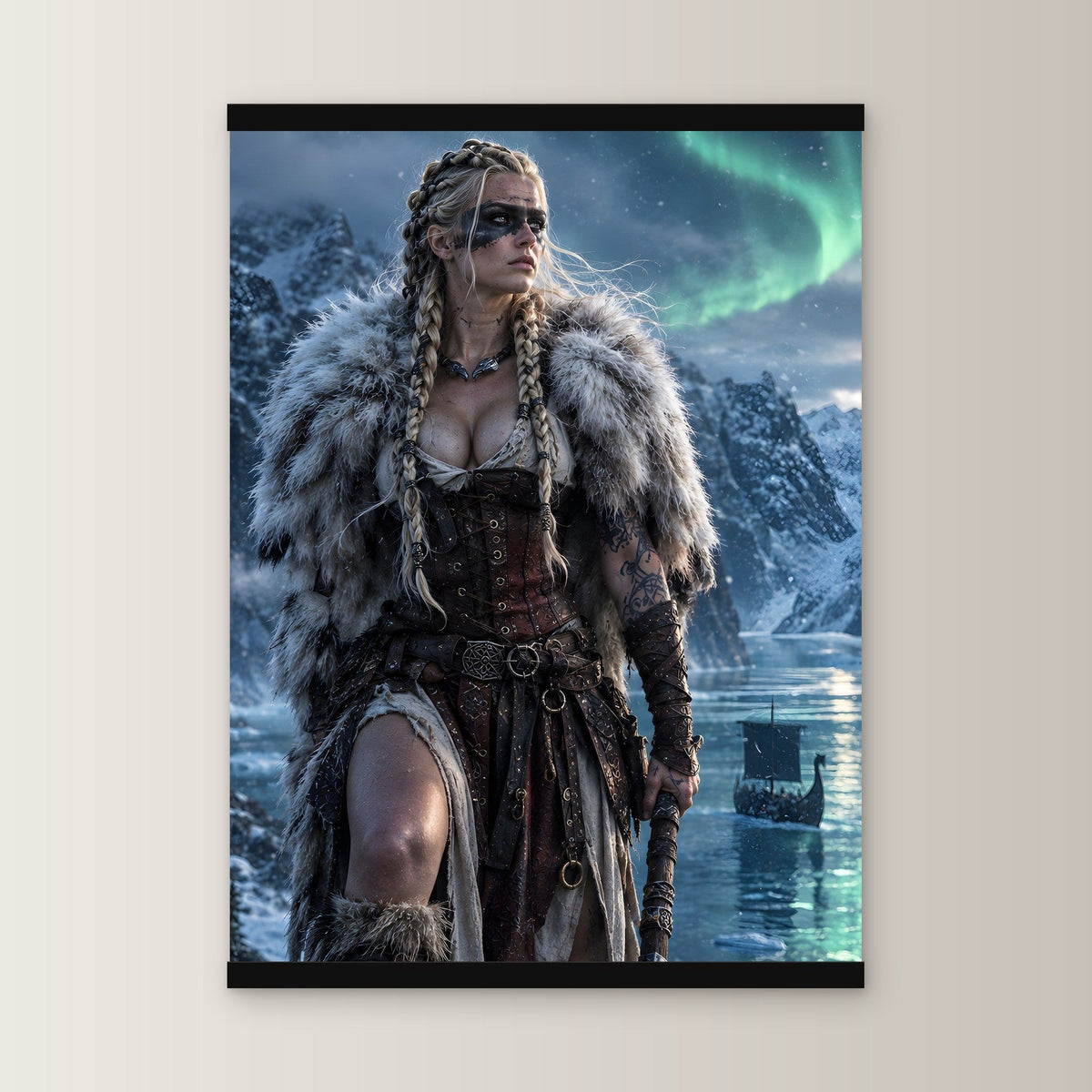 Die Nordlichtkriegerin als Poster mit schwarzer Holzleiste, gerade von vorn an heller Wand