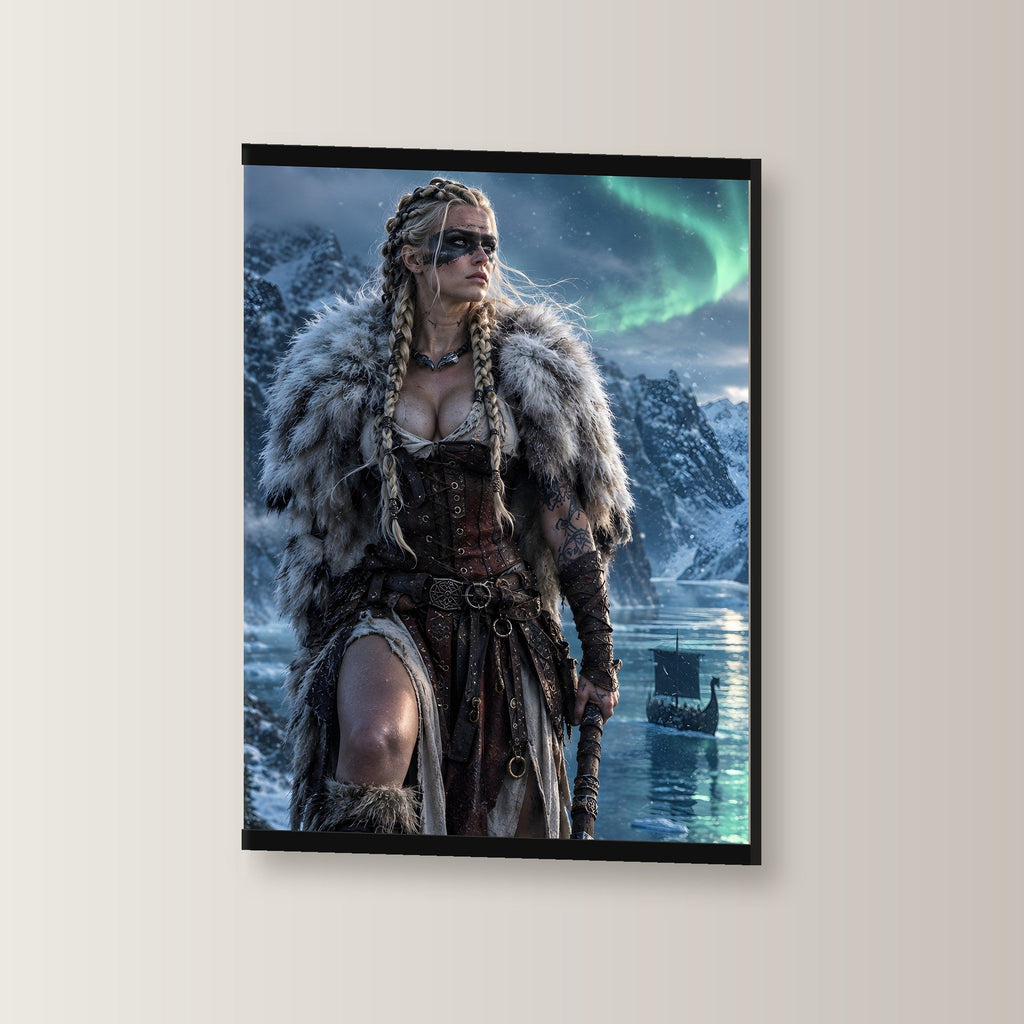 Die Nordlichtkriegerin als Poster mit schwarzer Holzleiste, leicht gedreht an der Wand fotografiert
