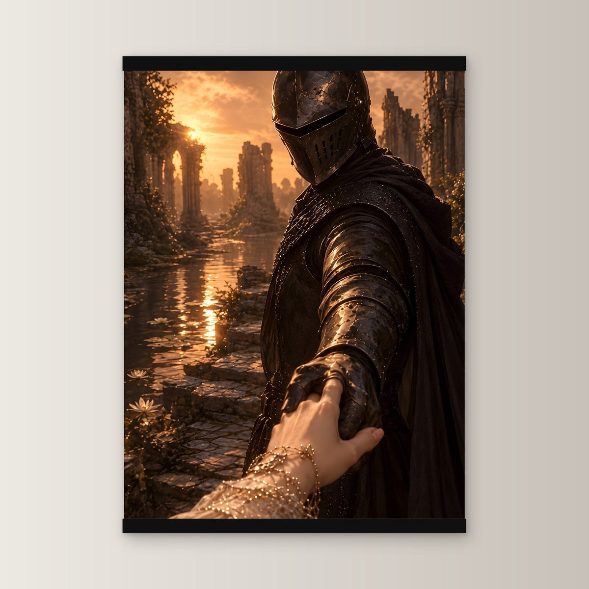 Nimm meine Hand als Poster mit schwarzer Holzleiste, gerade von vorn an heller Wand