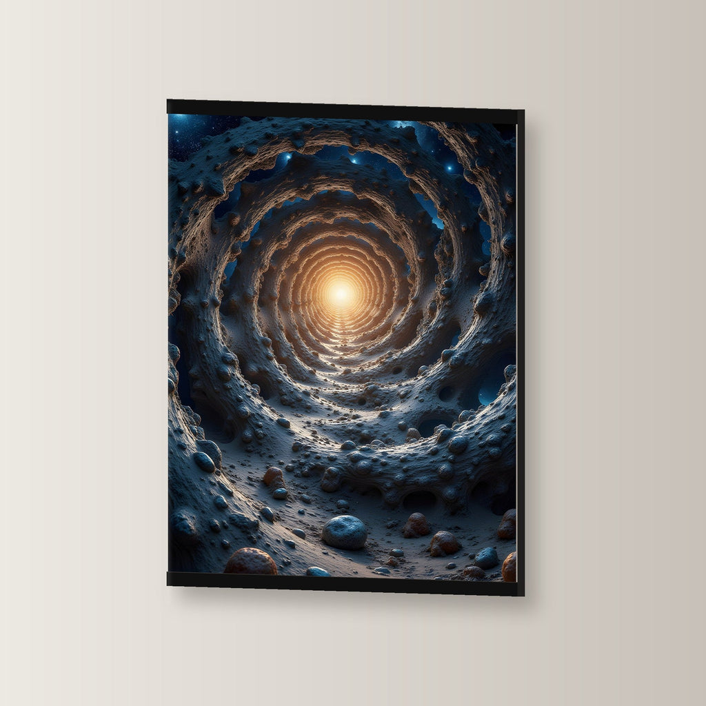 Der Paradoxwirbel als Poster mit schwarzer Holzleiste, leicht gedreht an der Wand fotografiert