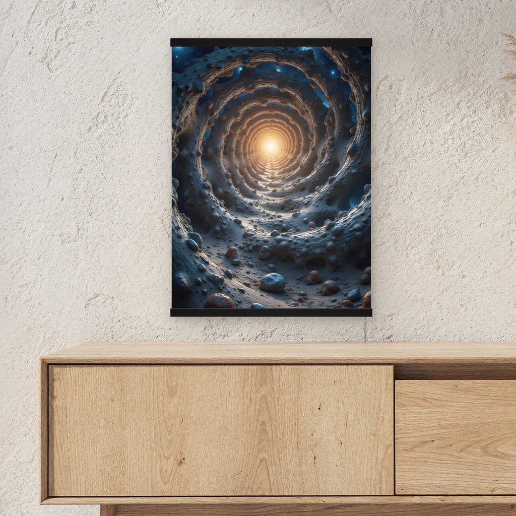 Der Paradoxwirbel als Poster mit schwarzer Holzleiste ueber einem Sideboard, zeigt die Groesse im Raum