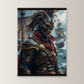 Der Piratenkönig als Poster mit schwarzer Holzleiste, gerade von vorn an heller Wand