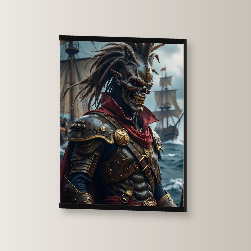 Der Piratenkönig als Poster mit schwarzer Holzleiste, leicht gedreht an der Wand fotografiert