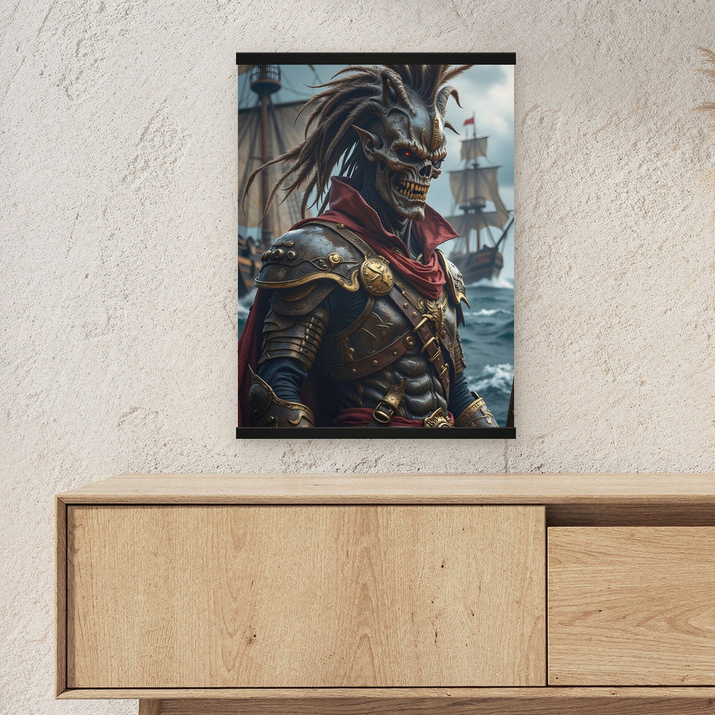 Der Piratenkönig als Poster mit schwarzer Holzleiste ueber einem Sideboard, zeigt die Groesse im Raum