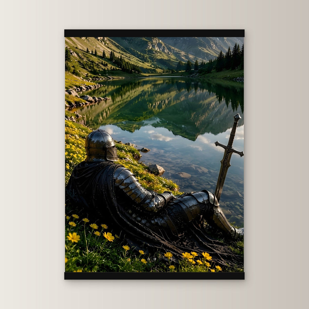 Ruhe am Bergsee als Poster mit schwarzer Holzleiste, gerade von vorn an heller Wand