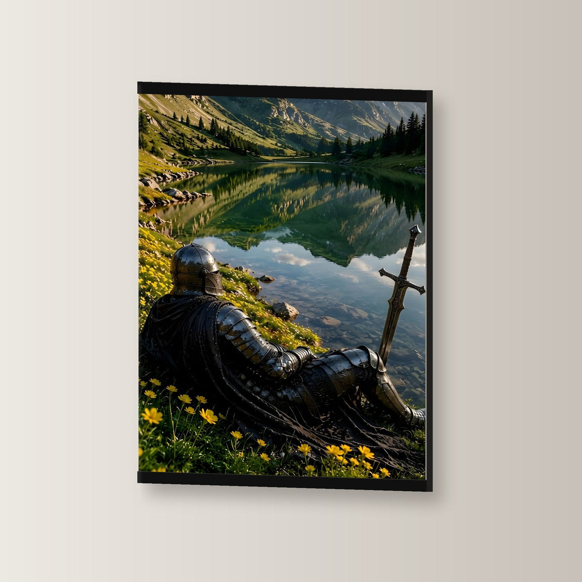 Ruhe am Bergsee als Poster mit schwarzer Holzleiste, leicht gedreht an der Wand fotografiert