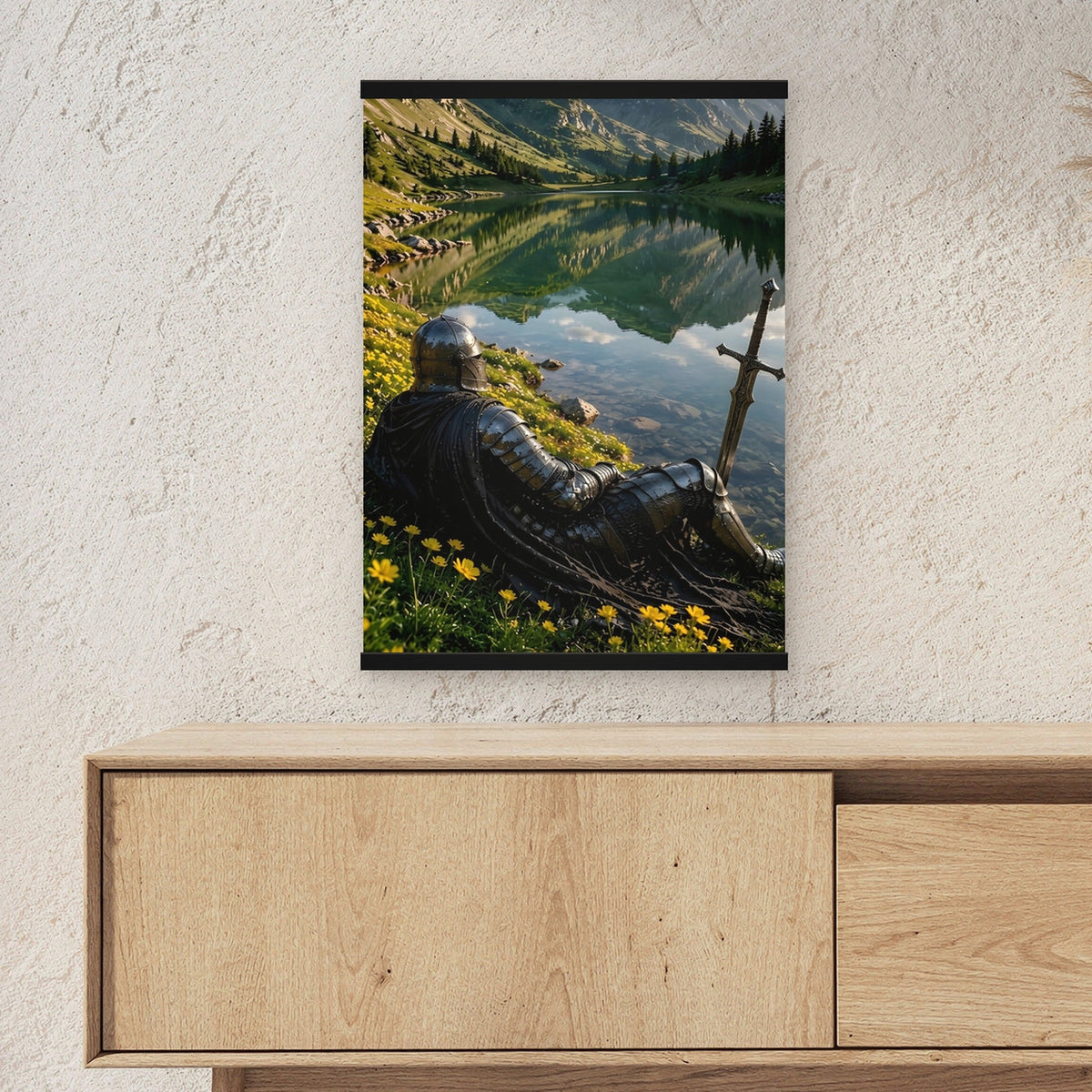 Ruhe am Bergsee als Poster mit schwarzer Holzleiste ueber einem Sideboard, zeigt die Groesse im Raum