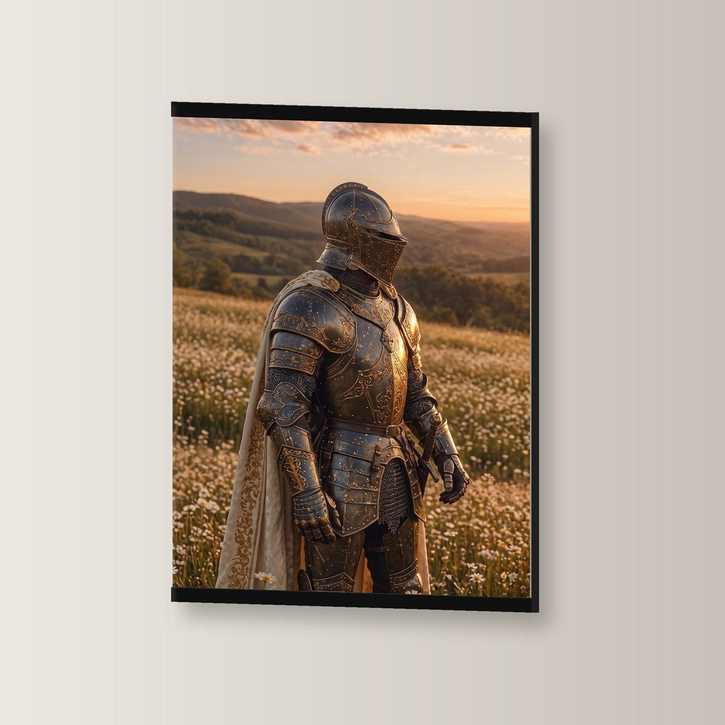 Der Ritter der Blumenwiesen als Poster mit schwarzer Holzleiste, leicht gedreht an der Wand fotografiert