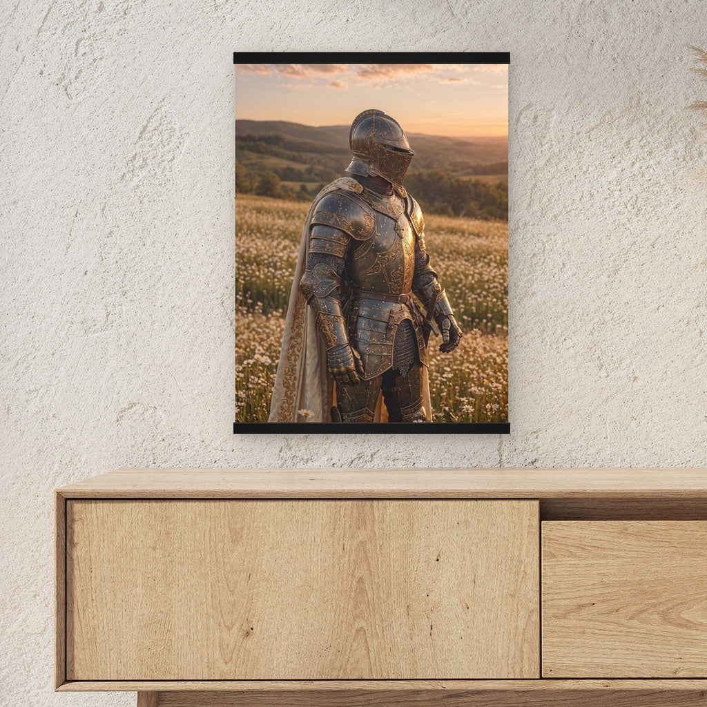Der Ritter der Blumenwiesen als Poster mit schwarzer Holzleiste ueber einem Sideboard, zeigt die Groesse im Raum