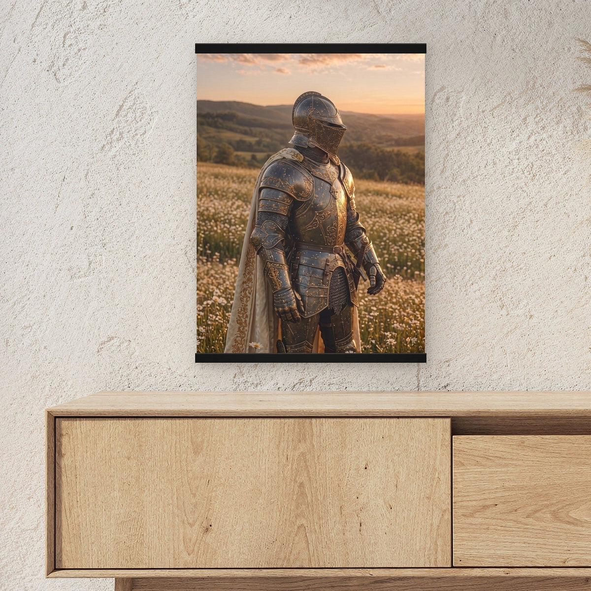Der Ritter der Blumenwiesen als Poster mit schwarzer Holzleiste ueber einem Sideboard, zeigt die Groesse im Raum