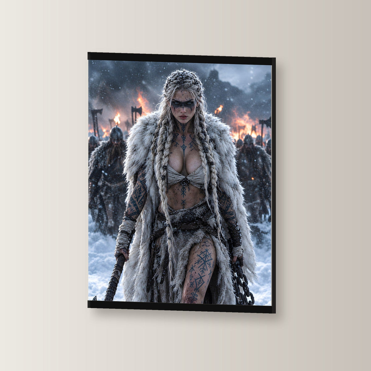 Die Rächerin als Poster mit schwarzer Holzleiste, leicht gedreht an der Wand fotografiert