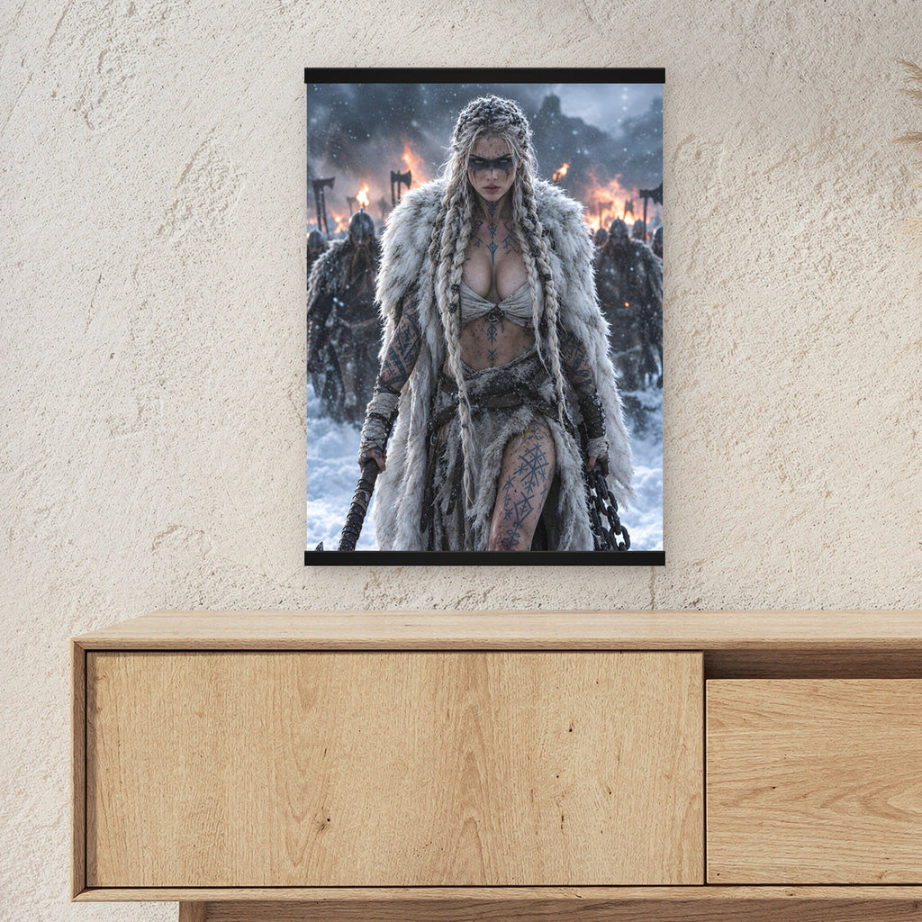 Die Rächerin als Poster mit schwarzer Holzleiste ueber einem Sideboard, zeigt die Groesse im Raum