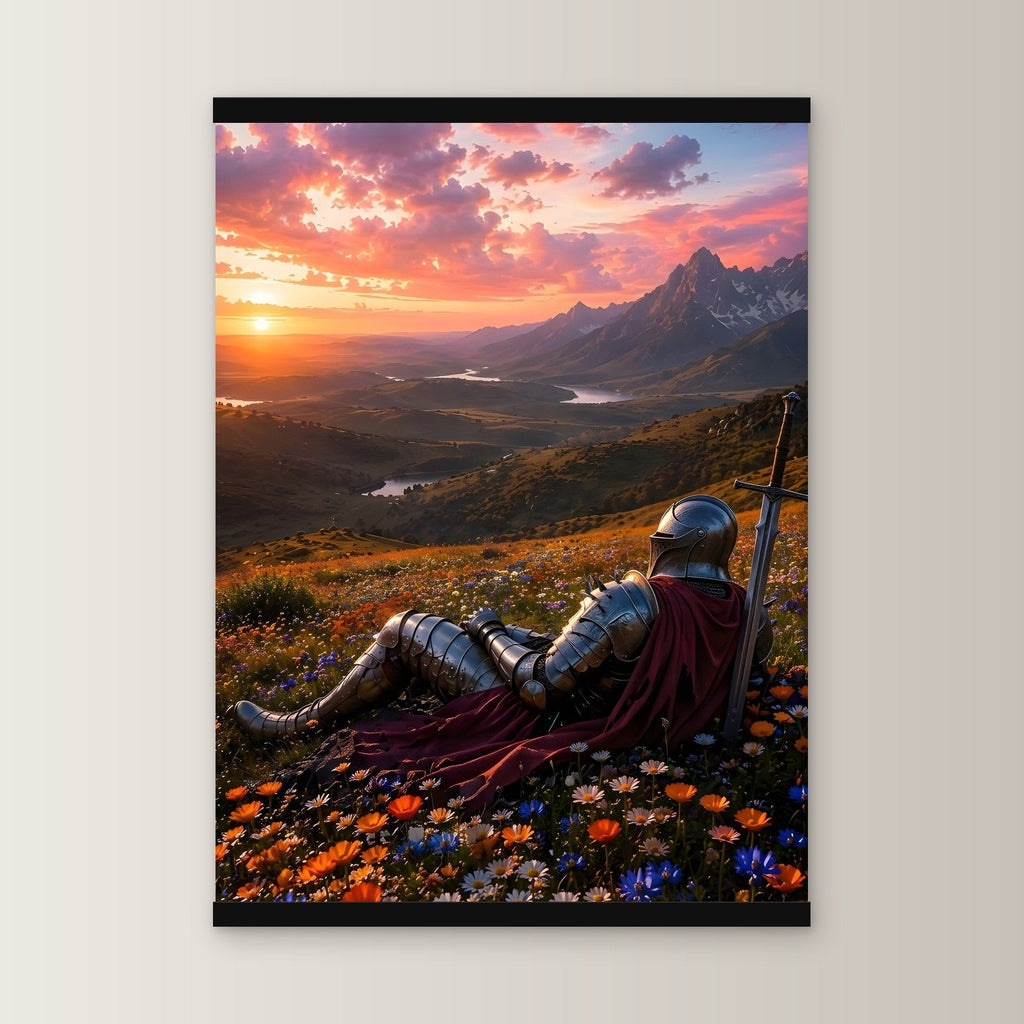 Die Rast des Ritters als Poster mit schwarzer Holzleiste, gerade von vorn an heller Wand