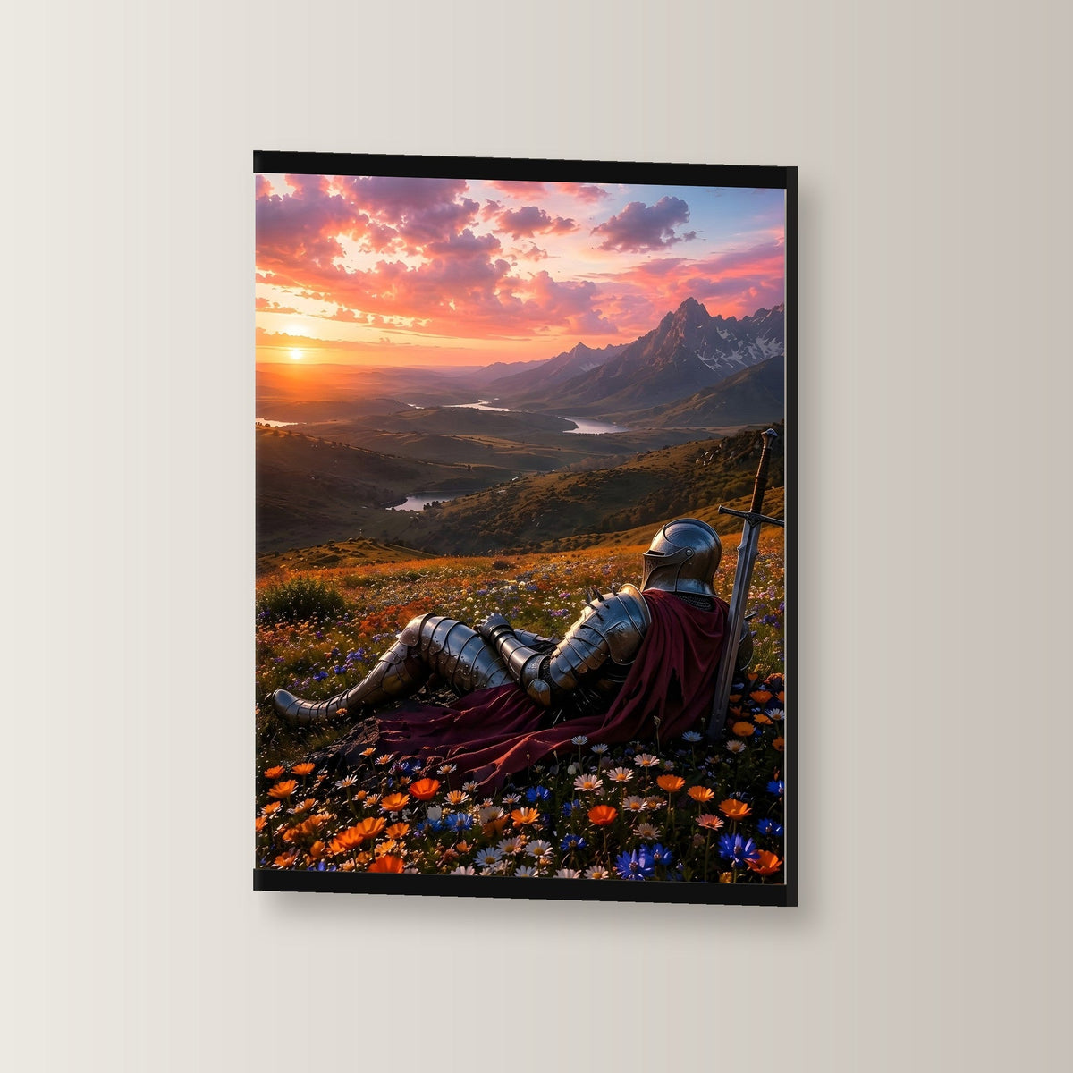 Die Rast des Ritters als Poster mit schwarzer Holzleiste, leicht gedreht an der Wand fotografiert