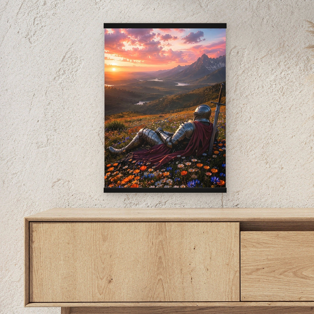 Die Rast des Ritters als Poster mit schwarzer Holzleiste ueber einem Sideboard, zeigt die Groesse im Raum