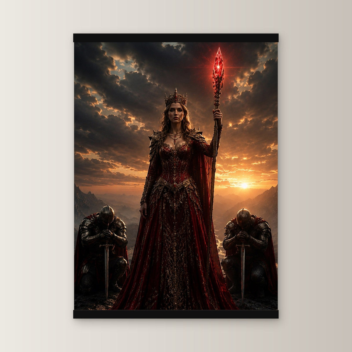 Die Rote Königin als Poster mit schwarzer Holzleiste, gerade von vorn an heller Wand