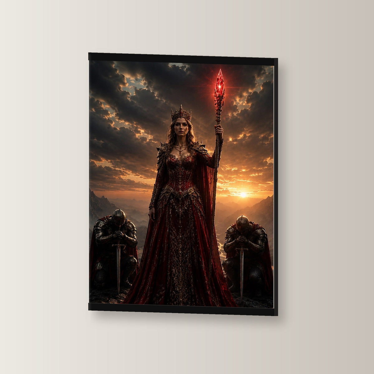 Die Rote Königin als Poster mit schwarzer Holzleiste, leicht gedreht an der Wand fotografiert