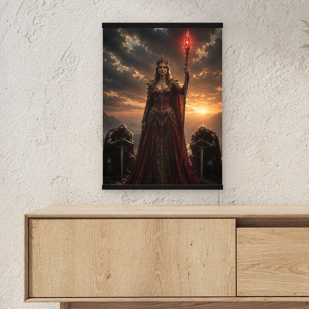 Die Rote Königin als Poster mit schwarzer Holzleiste ueber einem Sideboard, zeigt die Groesse im Raum