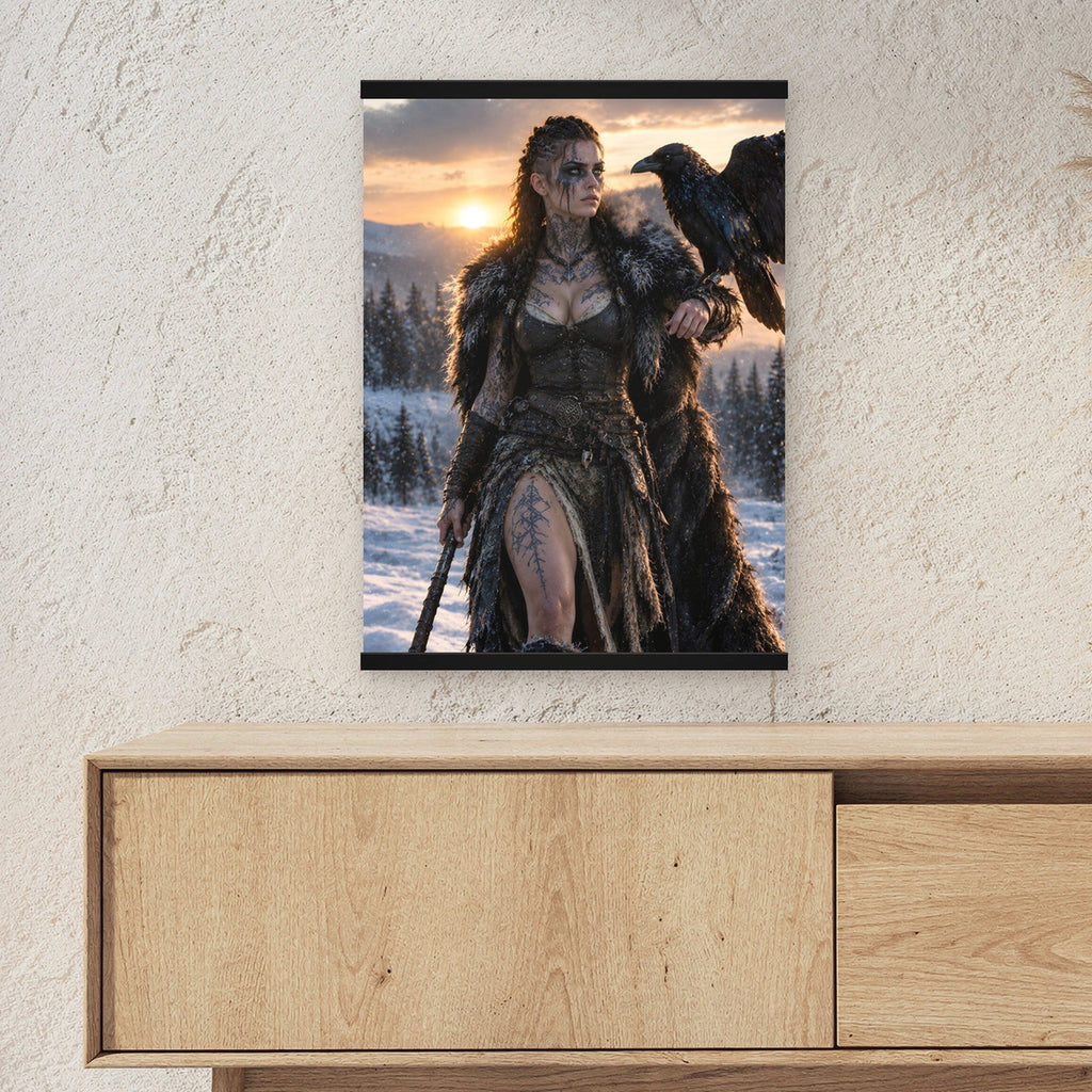 Die Rabenkriegerin als Poster mit schwarzer Holzleiste ueber einem Sideboard, zeigt die Groesse im Raum