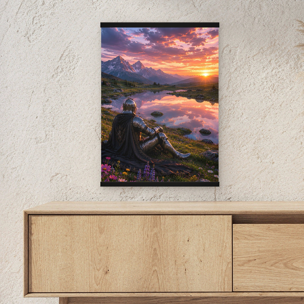 Der Spiegel des Himmels als Poster mit schwarzer Holzleiste ueber einem Sideboard, zeigt die Groesse im Raum