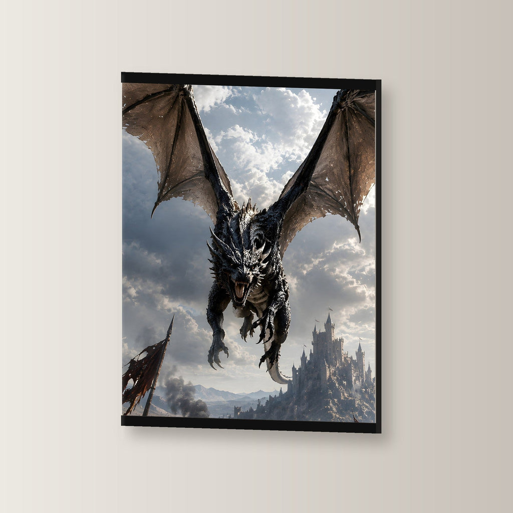 Der Schattenflug als Poster mit schwarzer Holzleiste, leicht gedreht an der Wand fotografiert