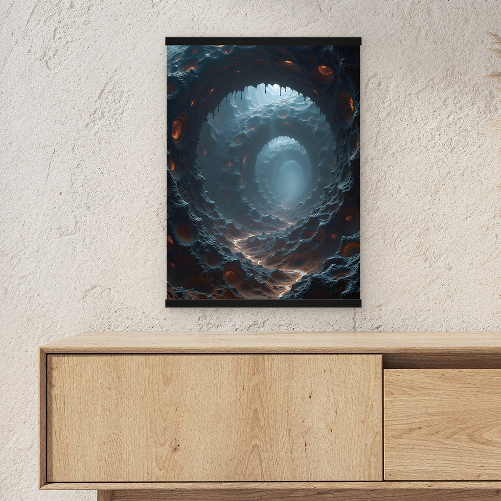 Der Schlund als Poster mit schwarzer Holzleiste ueber einem Sideboard, zeigt die Groesse im Raum