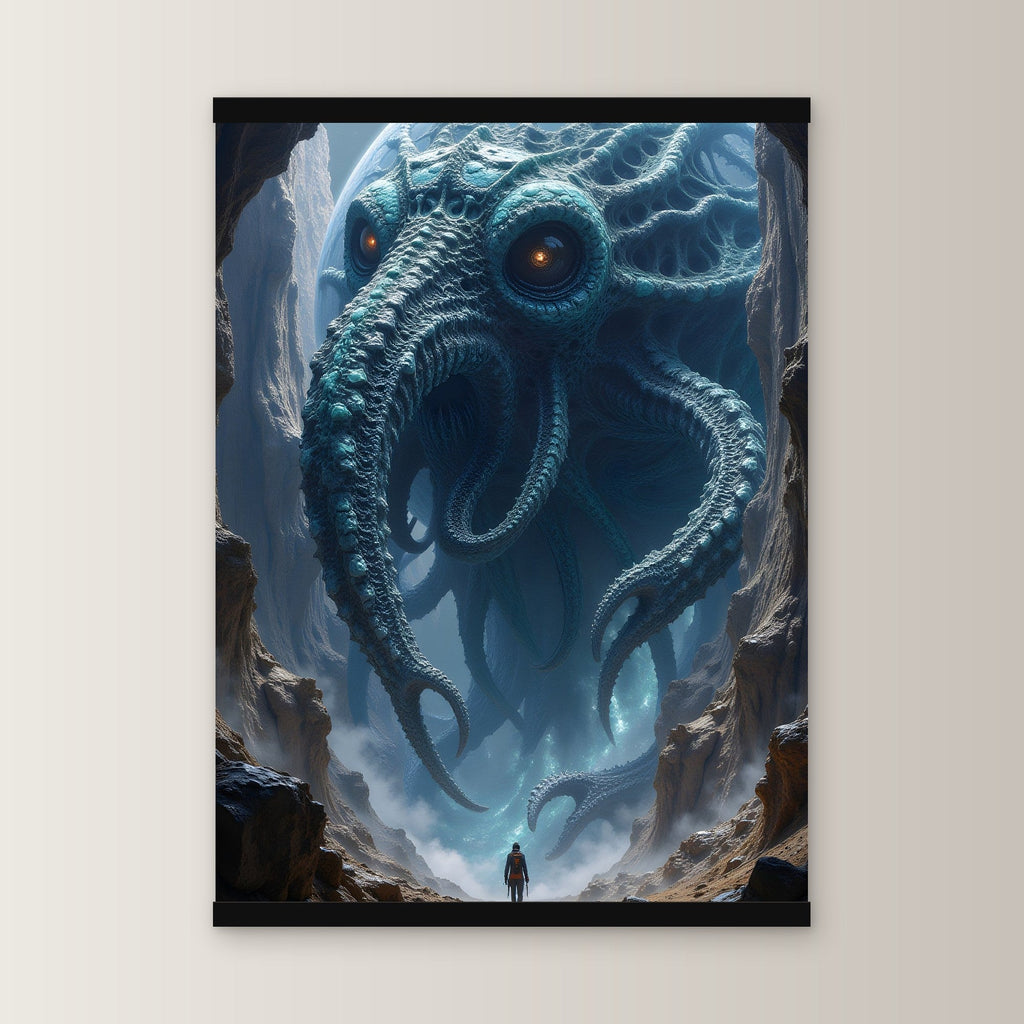 Der Splitterleviathan als Poster mit schwarzer Holzleiste, gerade von vorn an heller Wand