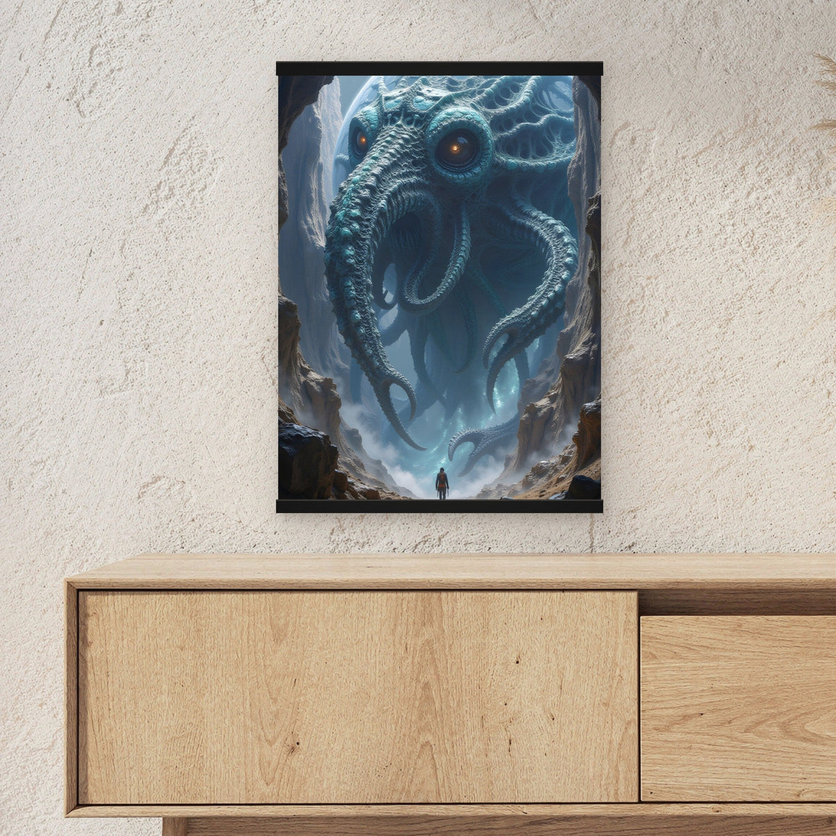 Der Splitterleviathan als Poster mit schwarzer Holzleiste ueber einem Sideboard, zeigt die Groesse im Raum