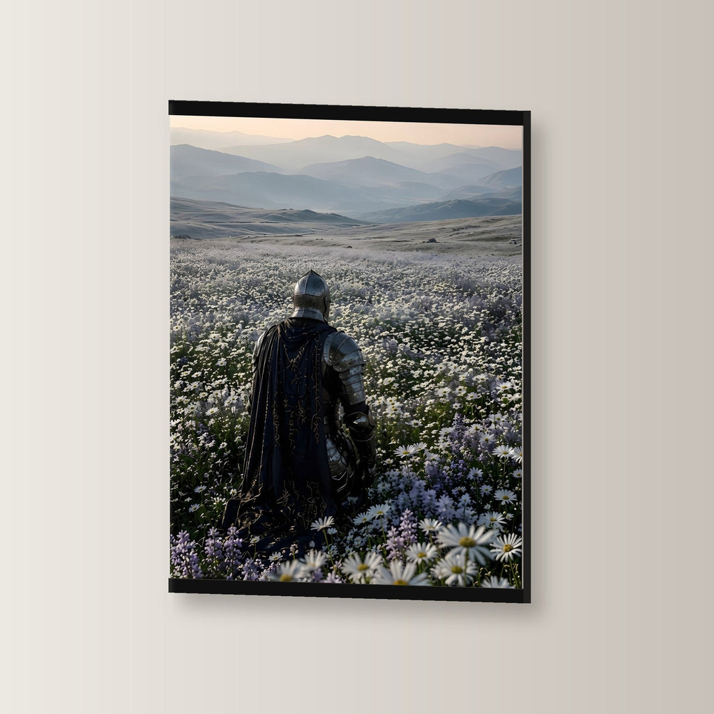 Der stille Morgen als Poster mit schwarzer Holzleiste, leicht gedreht an der Wand fotografiert