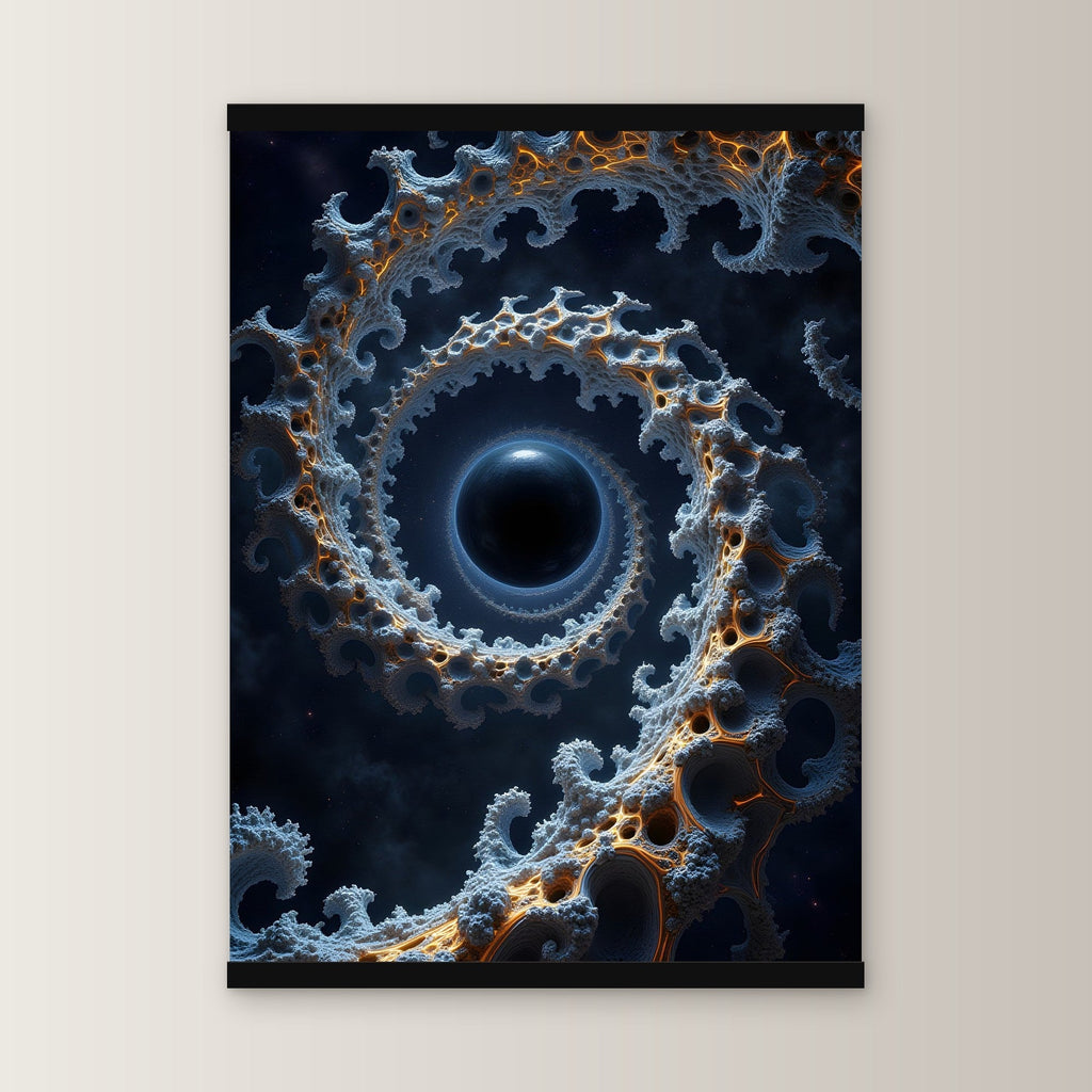 Die Spirale als Poster mit schwarzer Holzleiste, gerade von vorn an heller Wand
