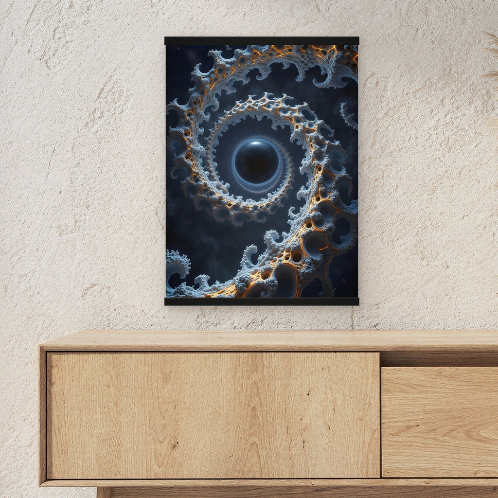 Die Spirale als Poster mit schwarzer Holzleiste ueber einem Sideboard, zeigt die Groesse im Raum