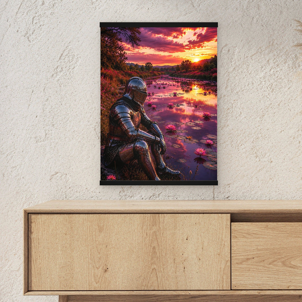 Der Seerosenteich als Poster mit schwarzer Holzleiste ueber einem Sideboard, zeigt die Groesse im Raum