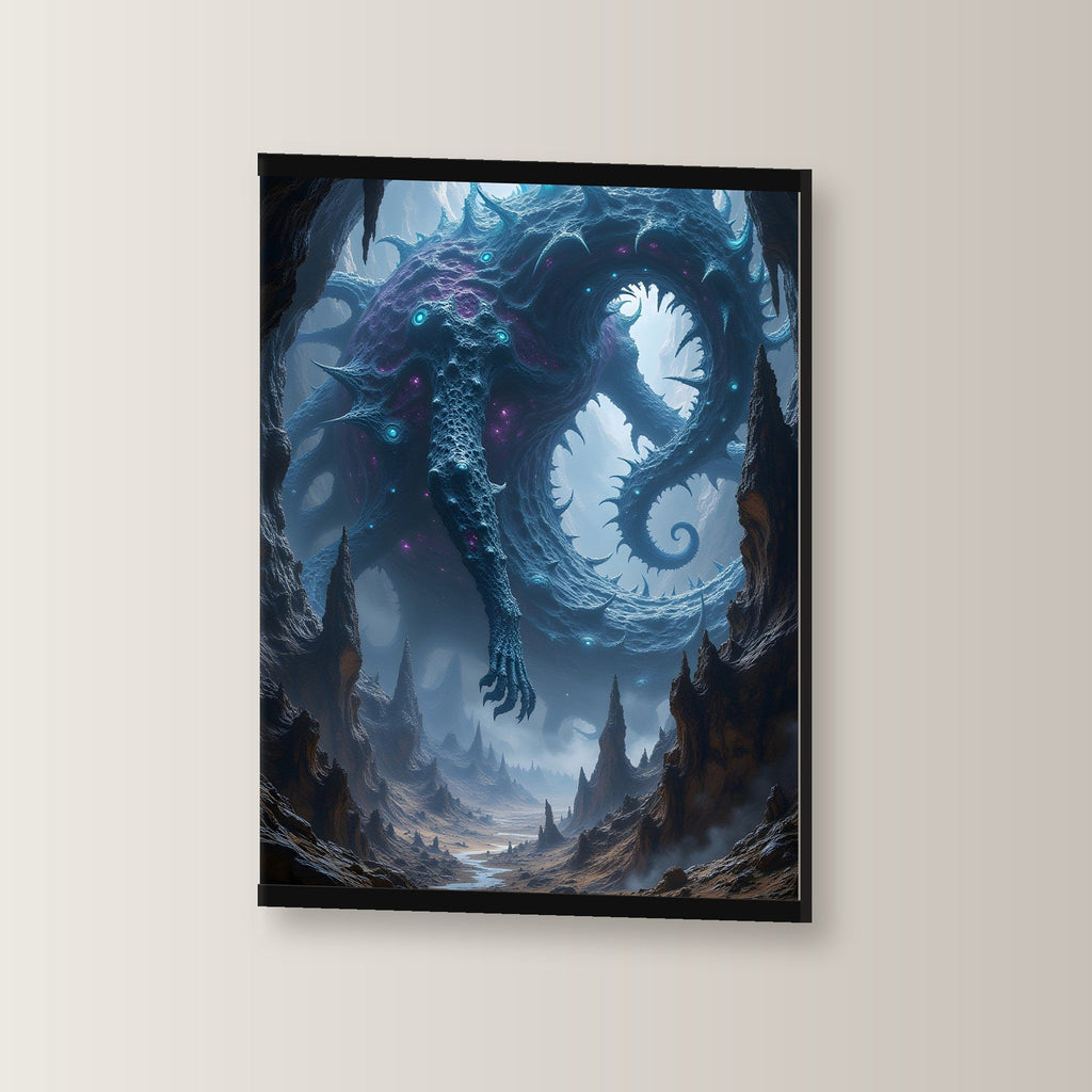 Die Scherbenschlange als Poster mit schwarzer Holzleiste, leicht gedreht an der Wand fotografiert