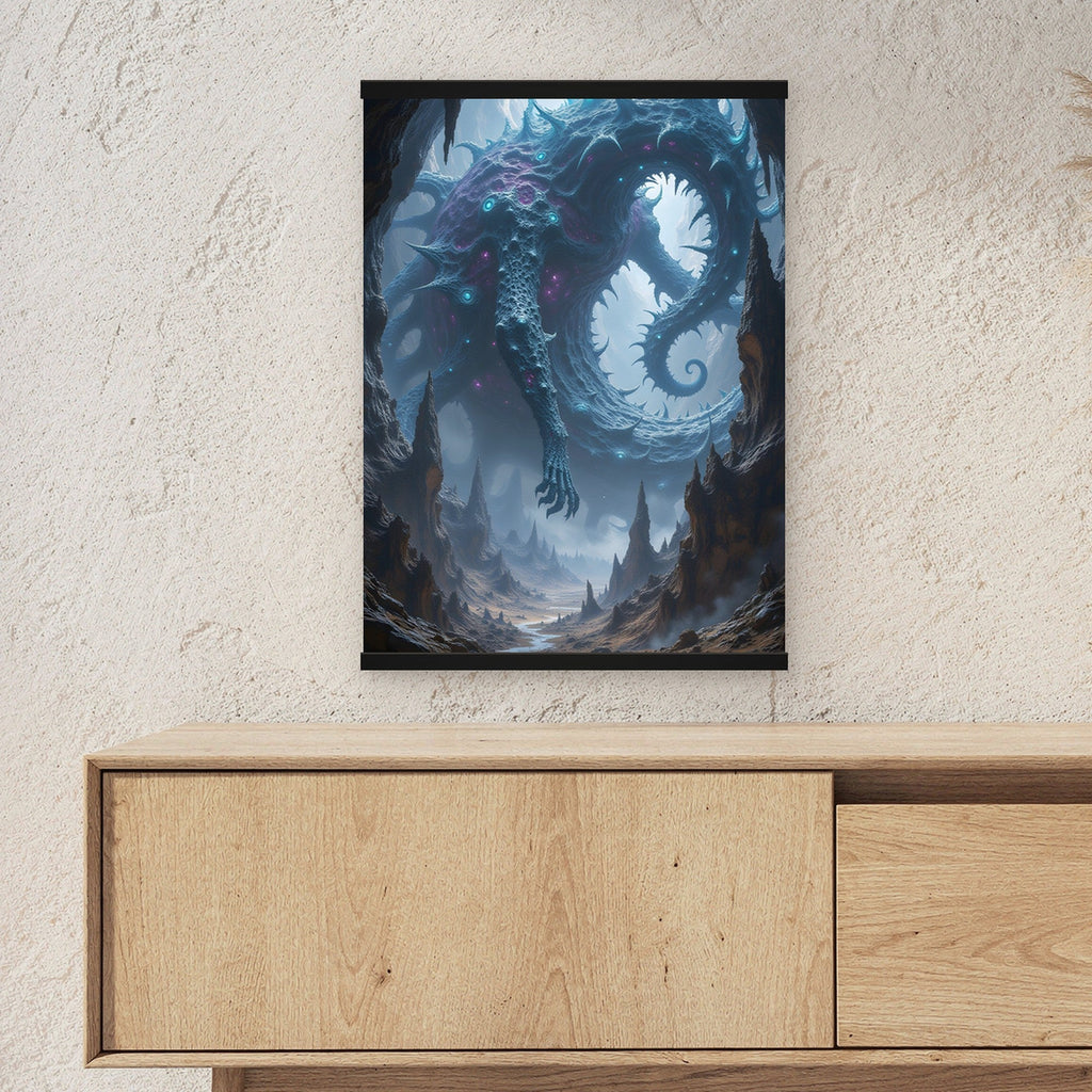 Die Scherbenschlange als Poster mit schwarzer Holzleiste ueber einem Sideboard, zeigt die Groesse im Raum